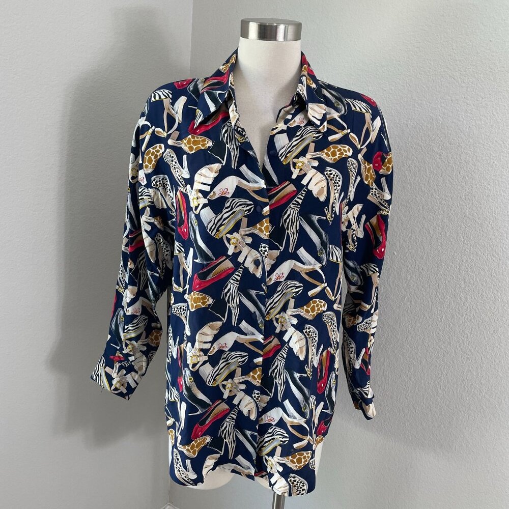 Vintage Corey B. New York Womens Size 8 100% Silk Shirt Shoe Print‎ Blouse